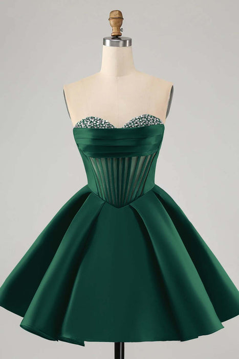 Sweetheart Satin Aline Homecoming Dress Short with Sequins Dark Green
