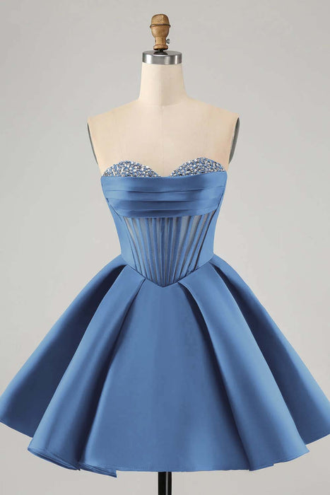 Sweetheart Satin Aline Homecoming Dress Short with Sequins Dusty Blue