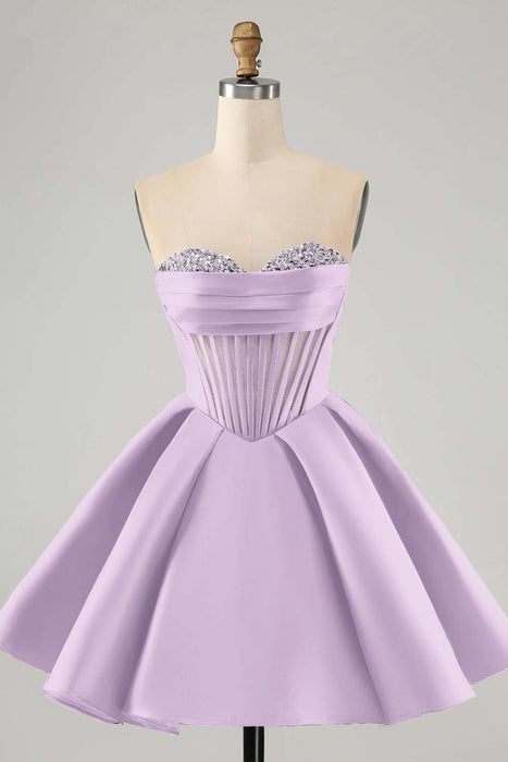 Sweetheart Satin Aline Homecoming Dress Short with Sequins Lilac