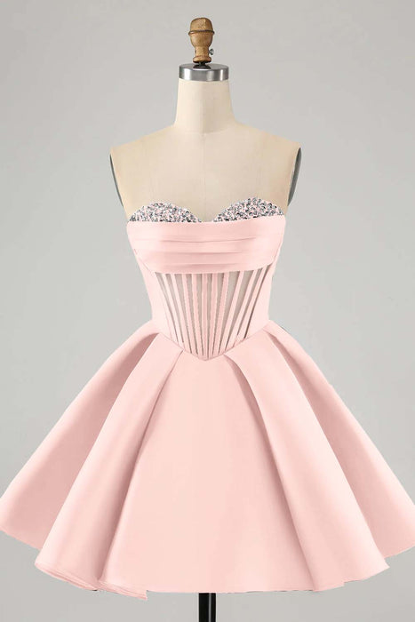 Sweetheart Satin Aline Homecoming Dress Short with Sequins Pearl Pink