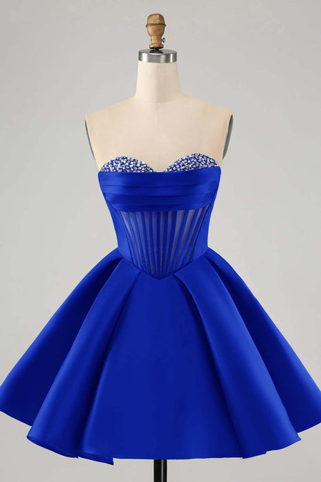 Sweetheart Satin Aline Homecoming Dress Short with Sequins Royal Blue
