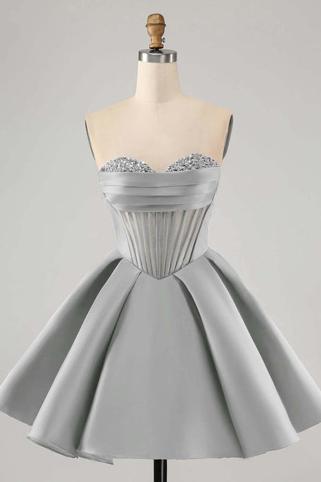 Sweetheart Satin Aline Homecoming Dress Short with Sequins Silver