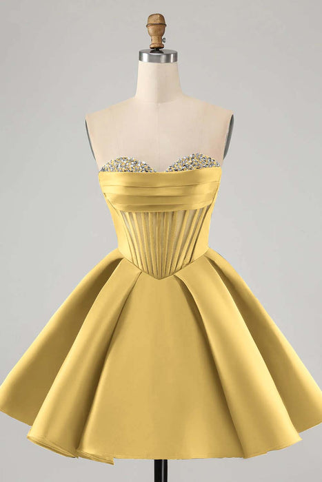 Sweetheart Satin Aline Homecoming Dress Short with Sequins Yellow