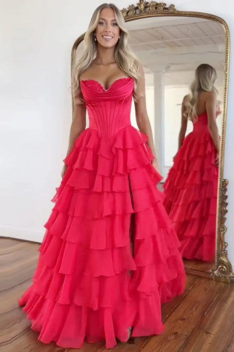 Sweetheart Tiered Corset Aline Evening Dress Ruffle Chiffon Prom Dress with Split - Prom Dresses