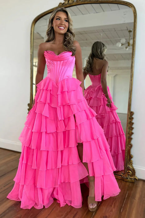 Sweetheart Tiered Corset Aline Evening Dress Ruffle Chiffon Prom Dress with Split - Prom Dresses