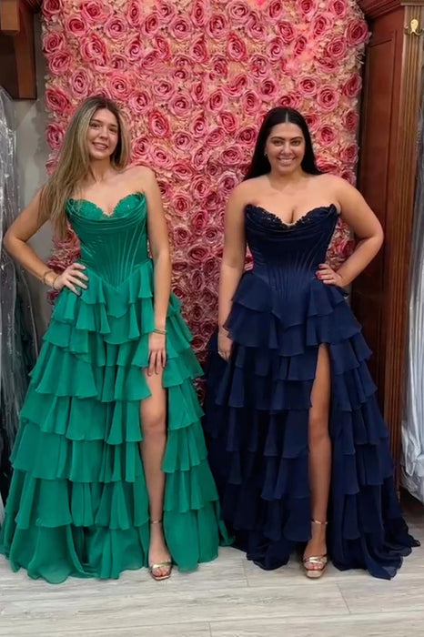 Sweetheart Tiered Corset Aline Evening Dress Ruffle Chiffon Prom Dress with Split - Prom Dresses