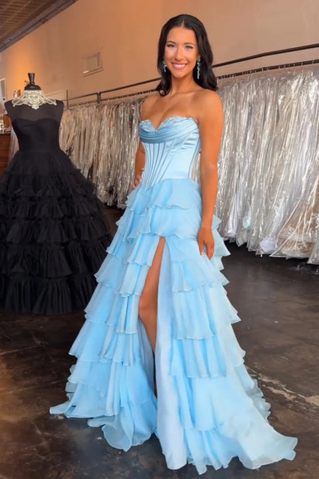Sweetheart Tiered Corset Aline Evening Dress Ruffle Chiffon Prom Dress with Split - Prom Dresses