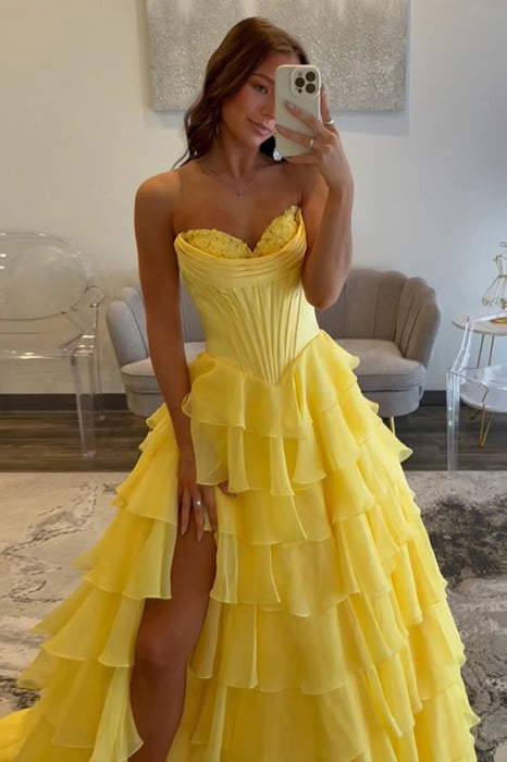Sweetheart Tiered Corset Aline Evening Dress Ruffle Chiffon Prom Dress with Split - Prom Dresses