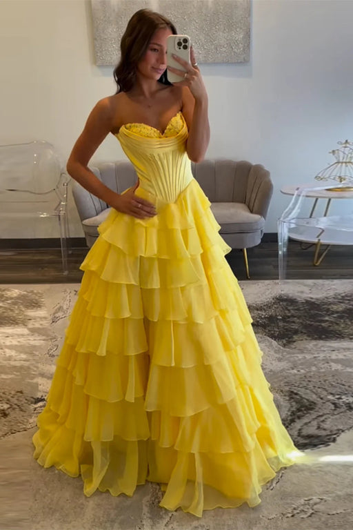 Sweetheart Tiered Corset Aline Evening Dress Ruffle Chiffon Prom Dress with Split - Prom Dresses