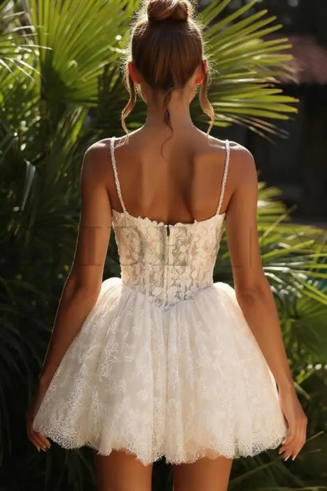 Sweetheart Tulle Lace Short Aline Wedding Dress Spaghetti Straps - wedding dresses