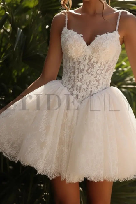 Sweetheart Tulle Lace Short Aline Wedding Dress Spaghetti Straps - wedding dresses
