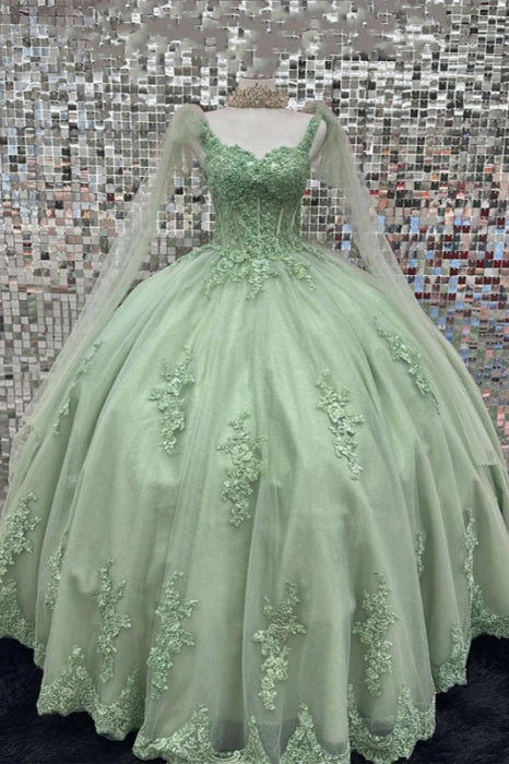 Sweetheart Tulle Sage Quinceanera Dresses Lace Appliques Ball Gown with Cape - Prom Dresses