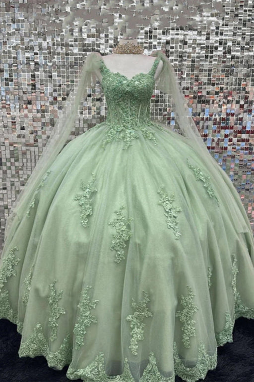 Sweetheart Tulle Sage Quinceanera Dresses Lace Appliques Ball Gown with Cape - Prom Dresses