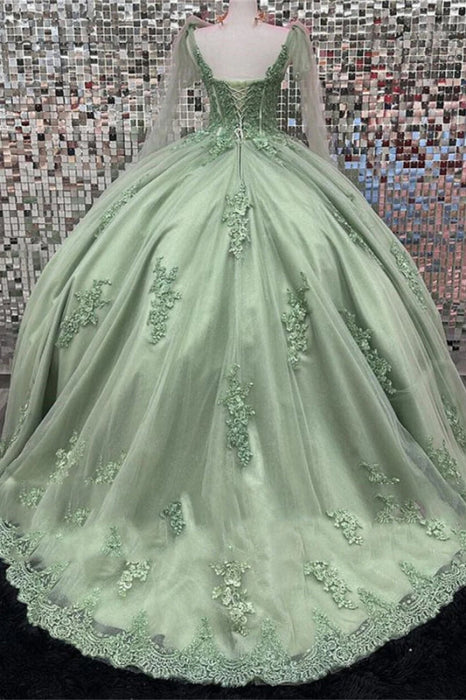 Sweetheart Tulle Sage Quinceanera Dresses Lace Appliques Ball Gown with Cape - Prom Dresses