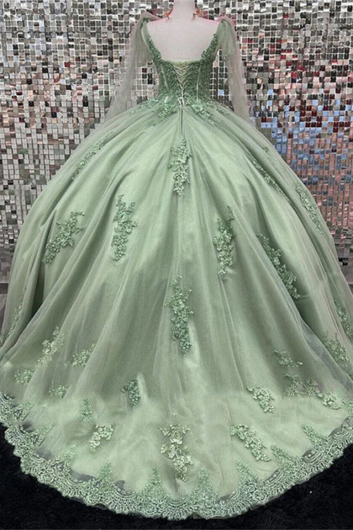 Sweetheart Tulle Sage Quinceanera Dresses Lace Appliques Ball Gown with Cape - Prom Dresses