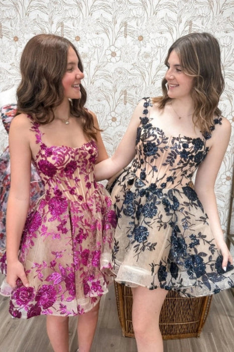 Sweetheart Tulle Short Homecoming Dress Sleeveless Aline Floral Cocktail Dress