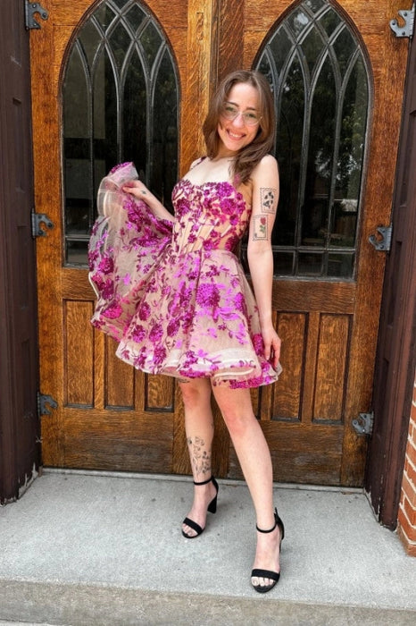 Sweetheart Tulle Short Homecoming Dress Sleeveless Aline Floral Cocktail Dress