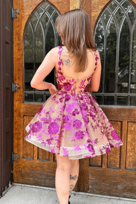 Sweetheart Tulle Short Homecoming Dress Sleeveless Aline Floral Cocktail Dress