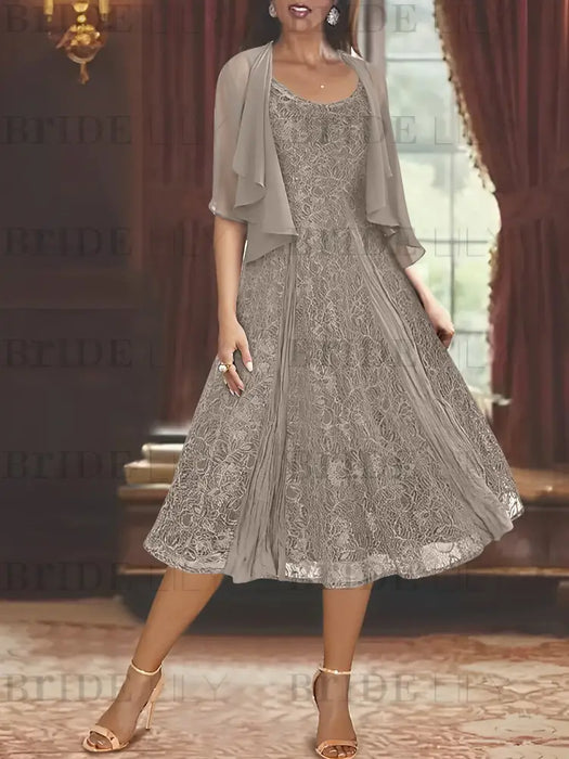 Princess A-Line Tea-Length Mother of the Bride Dress with Scoop Neck Half Sleeves Appliques and Jacket