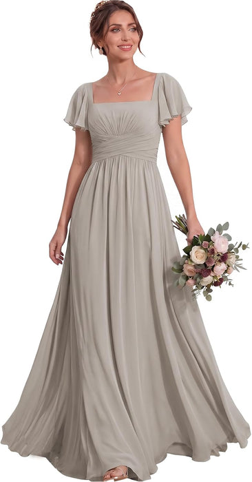 Bridelily Women's Flutter Sleeves Bridesmaid Dresses Square Neck Chiffon Maxi Dres - Taupe