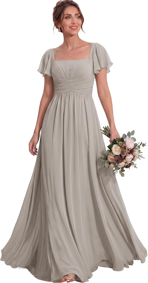 Bridelily Women's Flutter Sleeves Bridesmaid Dresses Square Neck Chiffon Maxi Dres - Taupe