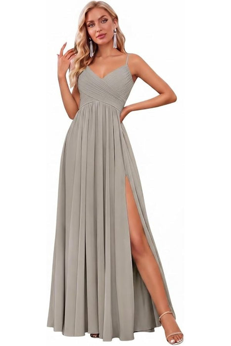 Spaghetti Strap V-Neck Chiffon Bridesmaid Dress with Slit