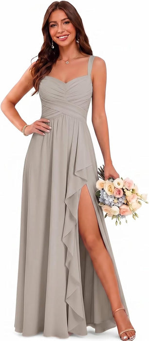Women's Chiffon Bridesmaid Dresses Long Evening Formal Gown with Slit - Taupe