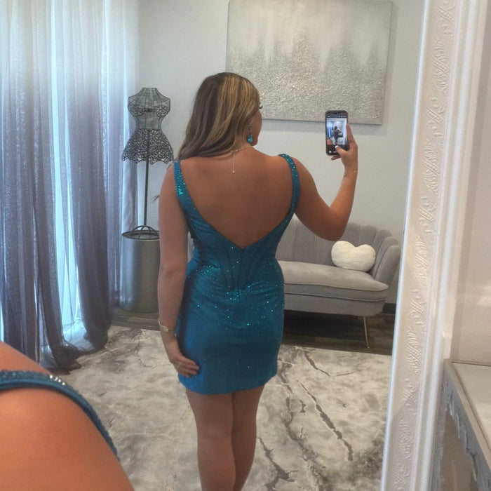 Teal Sequin Deep V-Neck Bodycon Homecoming Dress Short Tight Glitter Mini Cocktail Dress