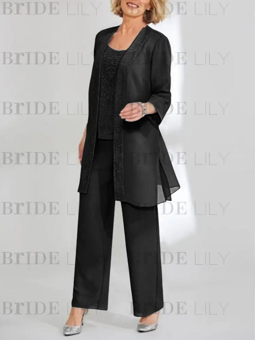 Three piece chiffon pantsuit with lace jacket in black