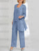 Three piece chiffon pantsuit with lace jacket in dusty blue