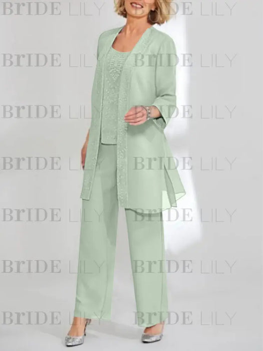 Three piece chiffon pantsuit with lace jacket in sage green