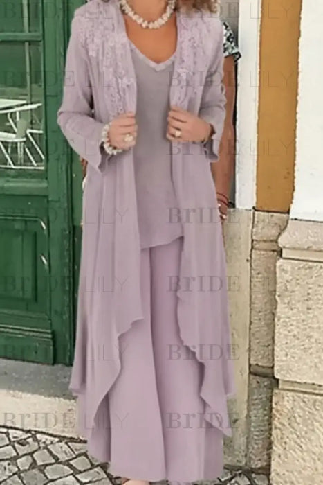 Lilac Three Pieces Mother of the Bride Dresses PLus Size Chiffon Mother of the Bride Outfits