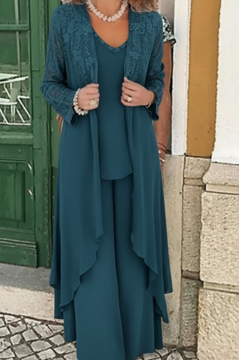 Ocean Blue Three Pieces Mother of the Bride Dresses PLus Size Chiffon Mother of the Bride Outfits