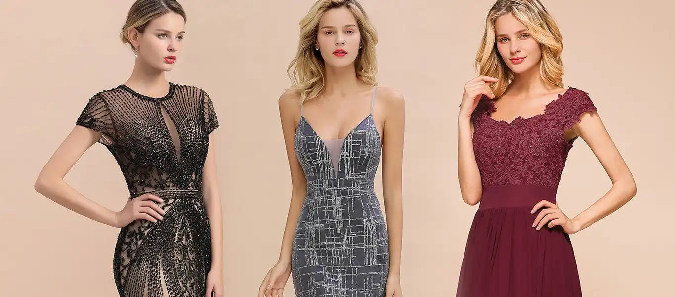 Three women modeling elegant dresses.