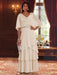 Tiered chiffon gown with beaded sash in ivory on model