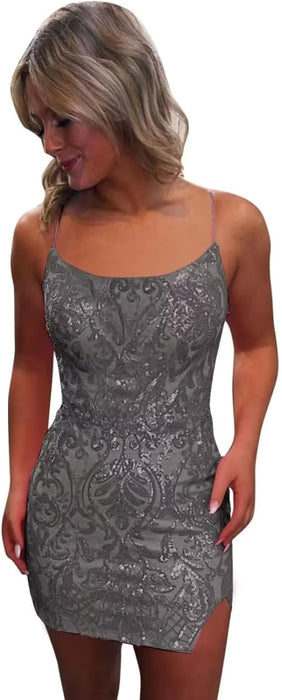 Tight Sequin Homecoming Dresses Sparkly Short Prom Dress with Slit