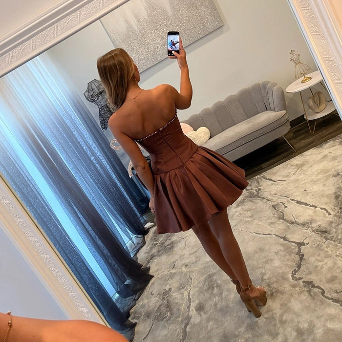 Chocolate Brown Strapless Mini Homecoming Dress with Bow & Beaded Neckline