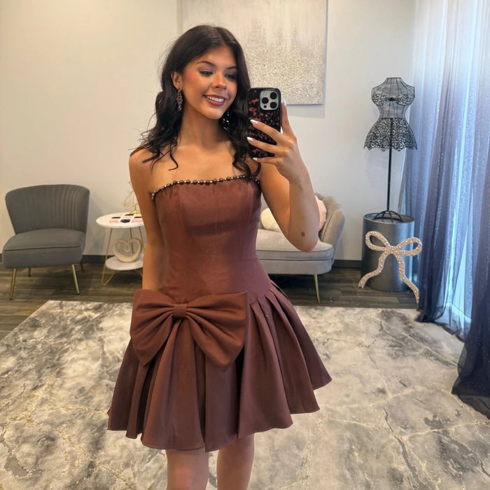 Brown Strapless Mini Homecoming Dress with Bow & Beaded Neckline