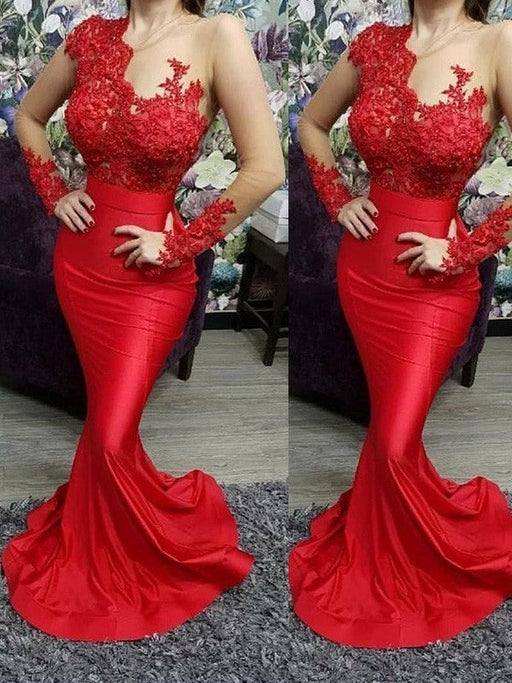 Trumpet/Mermaid Applique Scoop Satin Sweep/Brush Train Long Sleeves Dresses - Prom Dresses