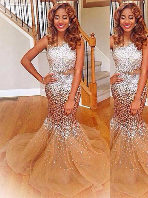 Trumpet/Mermaid Bateau Sleeveless Sequin Sweep/Brush Train Tulle Dresses - Prom Dresses
