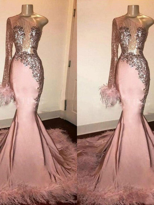 Trumpet/Mermaid Elastic Woven Satin Feathers/Fur One-Shoulder Long Sleeves Sweep/Brush Train Dresses - Prom Dresses