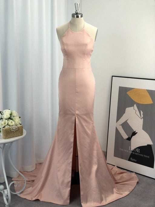 Trumpet/Mermaid Halter Sleeveless Satin Sweep/Brush Train Dresses - Prom Dresses
