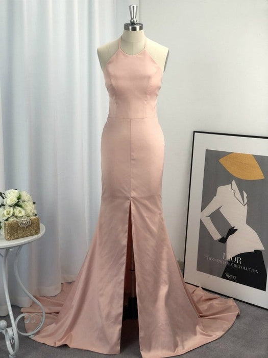 Trumpet/Mermaid Halter Sleeveless Satin Sweep/Brush Train Dresses - Prom Dresses