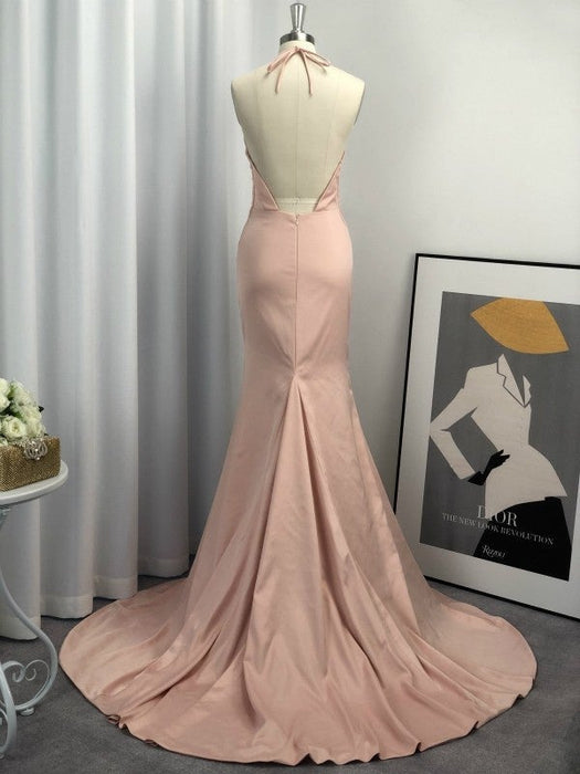 Trumpet/Mermaid Halter Sleeveless Satin Sweep/Brush Train Dresses - Prom Dresses