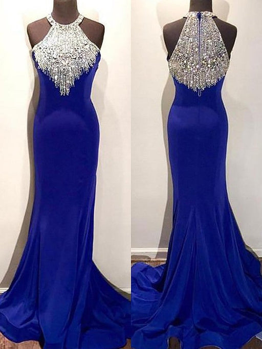 Trumpet/Mermaid Halter Sleeveless Sweep/Brush Train Beading Spandex Dresses - Prom Dresses