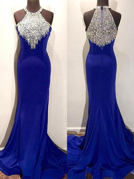 Trumpet/Mermaid Halter Sleeveless Sweep/Brush Train Beading Spandex Dresses - Prom Dresses