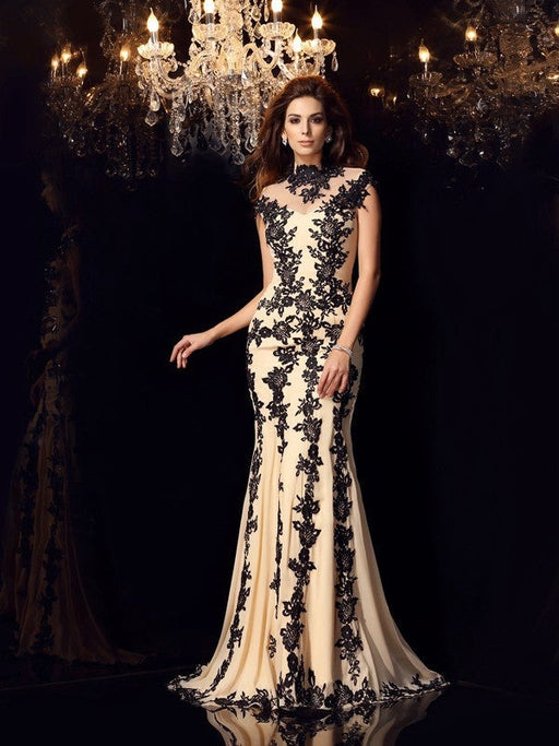 Trumpet/Mermaid High Neck Applique Sleeveless Long Chiffon Dresses - Prom Dresses