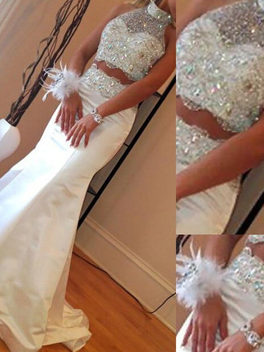 Trumpet/Mermaid High Neck Sleeveless Satin Beading Sweep/Brush Train Two Piece Dresses - Prom Dresses