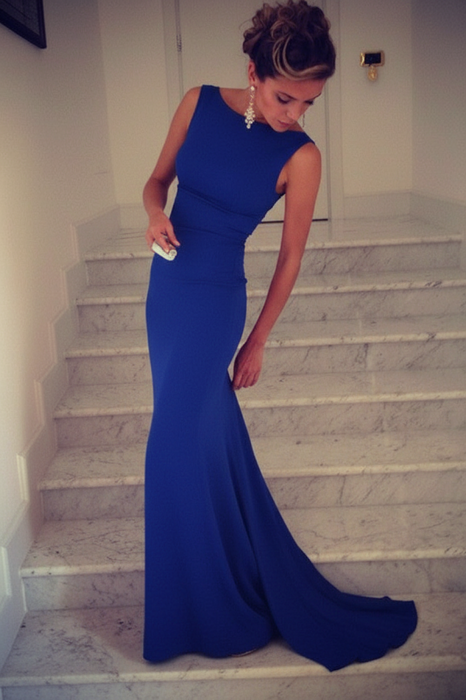 Royal Blue Trumpet/Mermaid High Neck Sleeveless Spandex Floor-Length Dresses - Prom Dresses