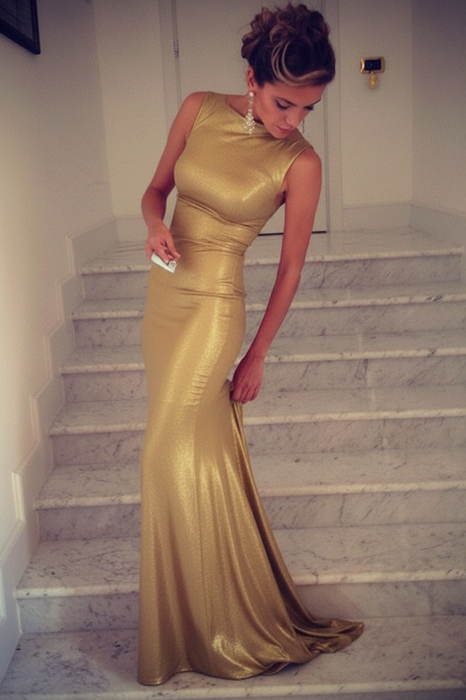 Gold Trumpet/Mermaid High Neck Sleeveless Spandex Floor-Length Dresses - Prom Dresses